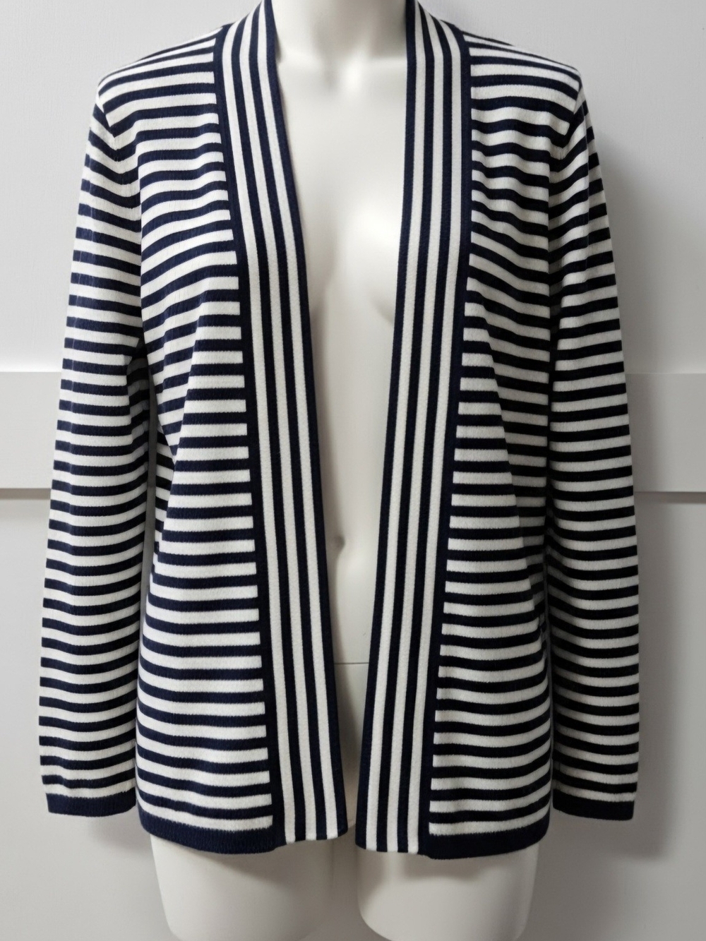 Talbots Navy and White Striped Open-Front Cardigan